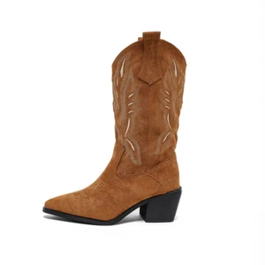 Womens Cowboy Boots Western Tan SuedeMid Calf Cuban Heel Shoes - Picture 1 of 10