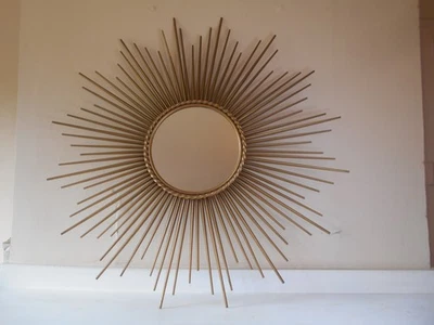 Ancien grand miroir soleil CHATY VALLAURIS design 1950 métal doré diamètre 81 cm - Photo 1/4