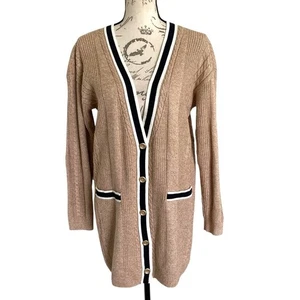 Talbots Cable Knit long Cardigan Sweater Size M Button down Cotton Preppy Tipped - Picture 1 of 15
