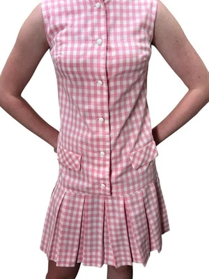 XS~S Vtg 60s MOD Mini Dress Drop Waist Pleated Shift Pink White Gingham Checked - Image 1 of 4