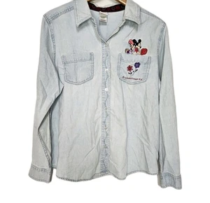 Camisa de mezclilla suave con botones bordada de Mickey Minnie Sweethearts de Disney para mujer L - Imagen 1 de 9