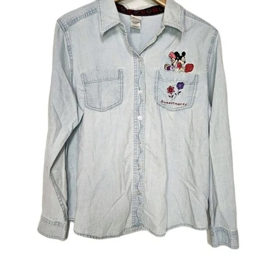 Camisa de mezclilla suave con botones bordada de Mickey Minnie Sweethearts de Disney para mujer L Foto 1 de 4
