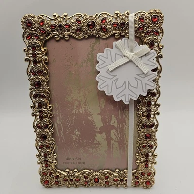 Metal Embellished Standing Picture Frame for 4"x6" Photo Red Rhinestone Holiday - Image 1 of 4