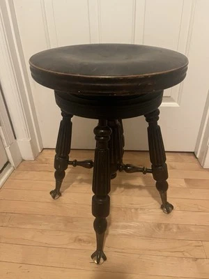 💙Antique Adjustable Wood Piano Stool with Glass Ball & Claw Feet Tiger Oak Top - Image 1 of 4