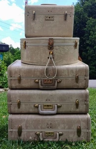 Vintage 1950’s Samsonite Shwayder Brothers Marble Cream Suitcase 5 Piece Set - Picture 1 of 6