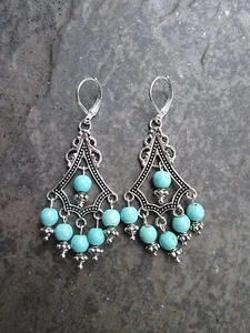 Orecchini lampadario turchese boho chic con fondello a leva in argento sterling - Foto 1 di 5