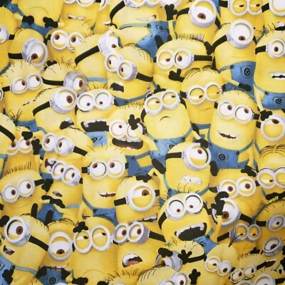 BonEful Fabric FQ Cotton Quilt Yellow White Blue Dot Minion Movie Character Boy - Image 1 of 2