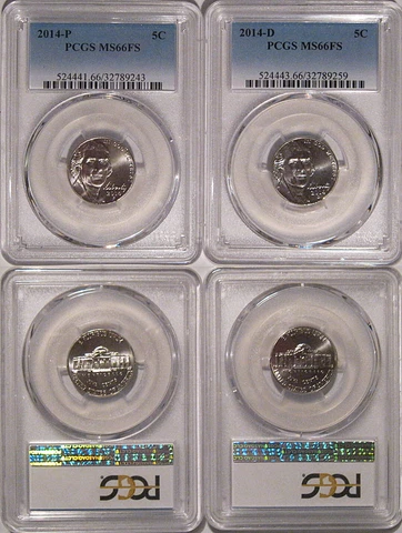 2014 P & D Jefferson Nickel 5c PCGS MS66FS Full Steps 2 Coin Set Cover