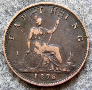 GREAT BRITAIN QUEEN VICTORIA 1878 FARTHING, SEATED BRITANNIA BRONZE km# 753 - Picture 1 of 6