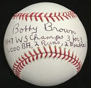 BOBBY BROWN YANKEES 1947 WORLD SERIES STAT SIGNED AUTOGRAPHED BALL BAS BECKETT - Picture 1 of 3