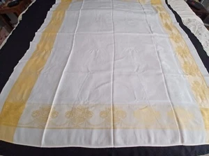 "Tovaglia vintage in lino damascato bianco con bordo floreale giallo/oro 58"" x 50" - Foto 1 di 7