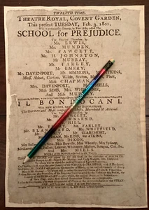 Georgian Playbill Flyer Theatre Royal Covent Garden 1801 School For Prejudice - Picture 1 of 1