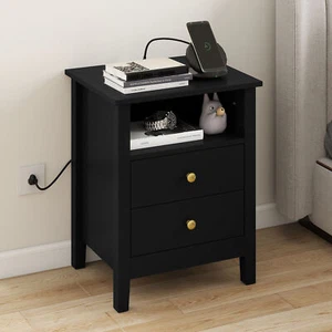 2 Drawers Nightstand Set of 2 Bedside Table with Charging Station & USB Ports - Picture 1 of 14