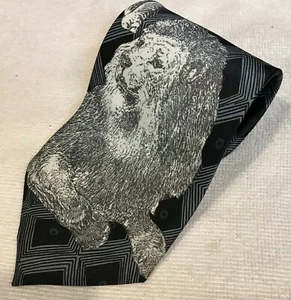 Corbata Mercedes Elefantes Leones Hecha a Mano Alta Moda Myung Ju Seda Negro Blanco - Imagen 1 de 8