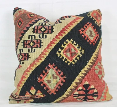 Turkish Red Black Yellow Kilim Pillow Cover 16x16 Red Vintage Kilim Sofa Pillow - Image 1 of 4