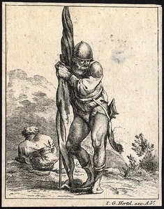 Antique Print-SOLDIER-BANNER-HELMET-ARMOUR-Johann Georg Hertel-1745 - Picture 1 of 1