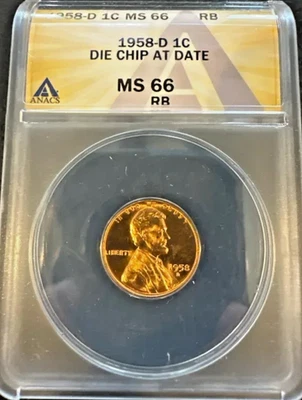 1958-D 1C Lincoln Wheat Penny -ERROR COIN - MS66 - RB - Die Chip at Date - ANACS - Image 1 of 4