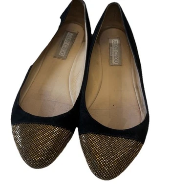 Jimmy Choo Flats Waine Gold Chain Cap Toe Ballet Black Leather Flat Shoe 37 - Image 1 of 4