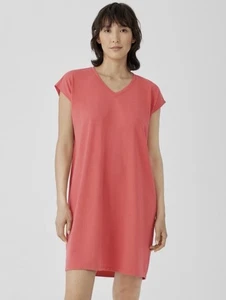 EILEEN FISHER Coral Tencel Short Sleeve V Neck Dress Spring Travel Size PP - Picture 1 of 6