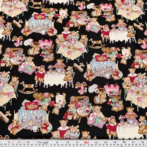 Vintage Bear Tea Party Hi-Fashion Fabrics Black Cotton Fabric Remnant 31" x 43" - Picture 1 of 2