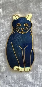 Enamel Cat Brooch - Dark Blue, Gold + White On Gold Tone - Picture 1 of 4