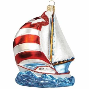 STARS STRIPES SLOOP SAILBOAT RED BLUE EUROPEAN BLOWN GLASS CHRISTMAS ORNAMENT - Picture 1 of 1