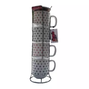 Sheffield Home 4 Stackable Stars Coffee Mugs w/holder set red white blue New - Picture 1 of 5