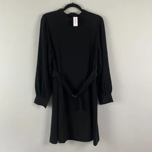 Banana Republic Mock-Neck Belted Fit-and-Flare Dress Size 14 Black Long Sleeve - Picture 1 of 11