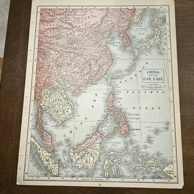 Antique Colorful 1908 Map Of China & Far East 13.5 x 10.5 Inches - Image 1 of 4