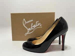 Vtg CHRISTIAN LOUBOUTIN BLACK SIMPLE PUMP 100 PATENT LEATHER HEELS 35 - Picture 1 of 14