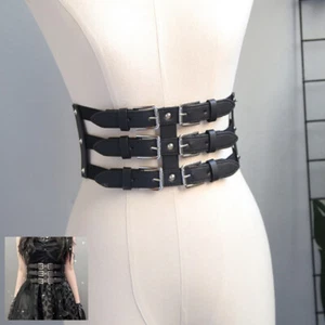 Lady PU Leather Waistband Wide Waist Belt Corset Hollow Out Rock Punk Snap - Picture 1 of 12