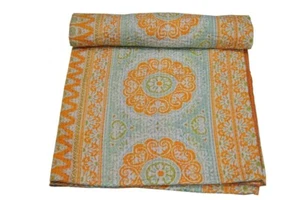 Indian Block Single Kantha Handmade Cotton Quilt Bed Cover Throw Blanket Gudari - Picture 1 of 9