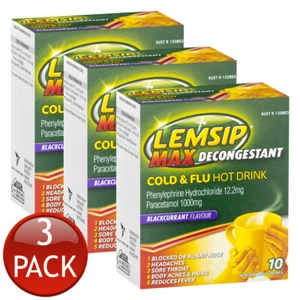 3 x Lemsip Max Decongestant Cold & Flu Relief Blackcurrant Powder Drink 10 Pack - Picture 1 of 12