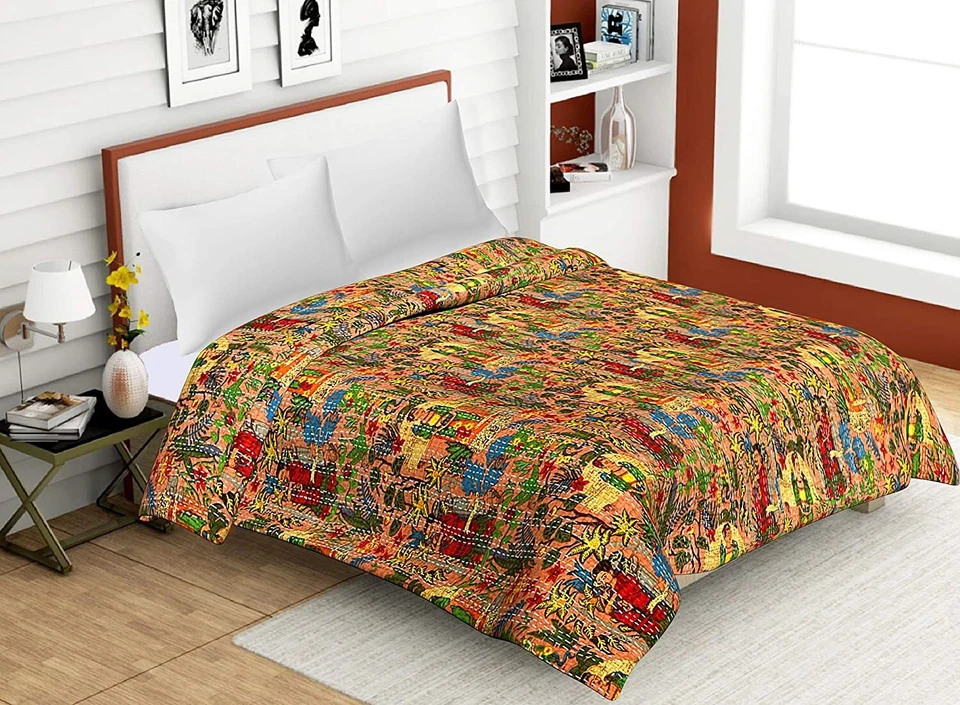 Indian Handmade Cotton Frida Khalo print Kantha Quilt Throw Blanket Bedspread - Image 1 of 1