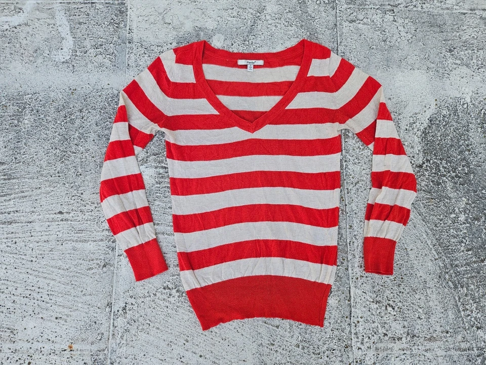 Suéter Papaya Mujer Top Manga Larga Rayas Peso Ligero Cuello en V Talla S Foto 1 de 4