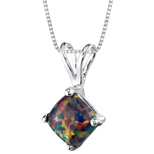 14K White Gold Cushion Cut 0.5 ct Created Black Opal Pendant, 18" - Picture 1 of 5