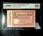 1923 Germany  REICHSBAHN CASSEL 5 Trilion Mark PMG 65  GEM UNC