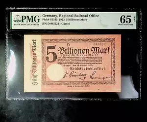 1923 Deutschland REICHSBAHN CASSEL 5 Trilionen Mark PMG 65 EDELSTEIN UNC - Bild 1 von 2