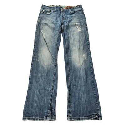 Pantalones de mezclilla bordados desgastados de tiro bajo lavado medio Adiktd para mujer talla 6/W29 Foto 1 de 4