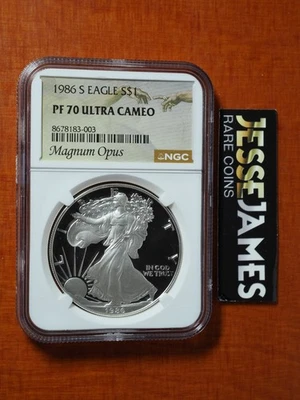 1986 S PROOF SILVER EAGLE NGC PF70 ULTRA CAMEO MAGNUM OPUS LABEL - Image 1 of 2