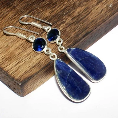 925 Silver Plated Long Sodalite Iolite Earrings Jewelry Size 2.3" GW - Image 1 of 3