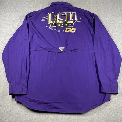 Camisa LSU Columbia PFG Para Hombres Grande Púrpura Manga Larga Con Botones Ventilados Gráfico Foto 1 de 4