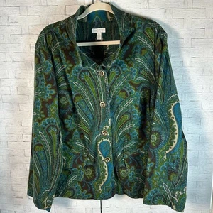 Charter Club - Corduroy Trucker Jacket Paisley green blue pockets, plus size - Picture 1 of 8