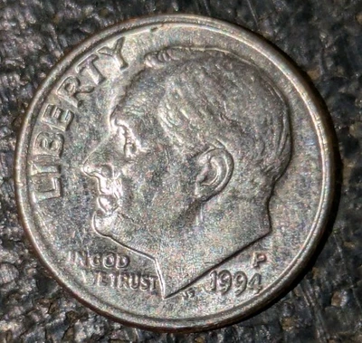 1994-P 10c Dime Extra Shiny Full Torch Full Bands Struck Through Grease Error - Image 1 of 4