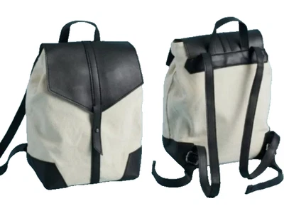 Deux Lux Demi Mochila Bolso de Mano Cartera Lona Crema con Cuero Negro ¡¡AL POR MENOR $75!!! Foto 1 de 4
