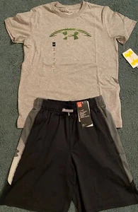 NWT Boys Under Armour M Black/Gray/Green FOOTBALL Shorts Set YMD - Picture 1 of 5