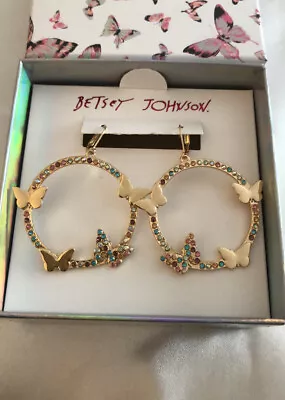 Betsey Johnson Gold Tone Gypsy Hoop Earrings Butterfly & Pastel Crystal Accents  - Image 1 of 4