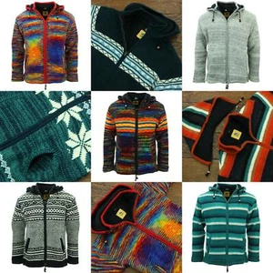 Hand Knitted Wool Hooded Jacket Cardigan Hoodie Nepal Warm Lined Boho Zip - Picture 1 of 100