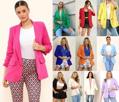 Women Ruched Sleeve Collared Casual Blazer Ladies Formal Office Work wear Jacket - Image 1 of 4