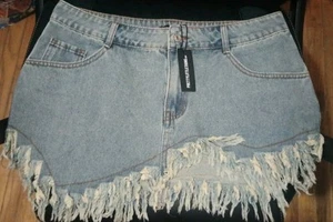NWT PrettyLittleThing Micro Mini Skirt Frayed Denim Blue Jean Pockets READ DESCR - Picture 1 of 20